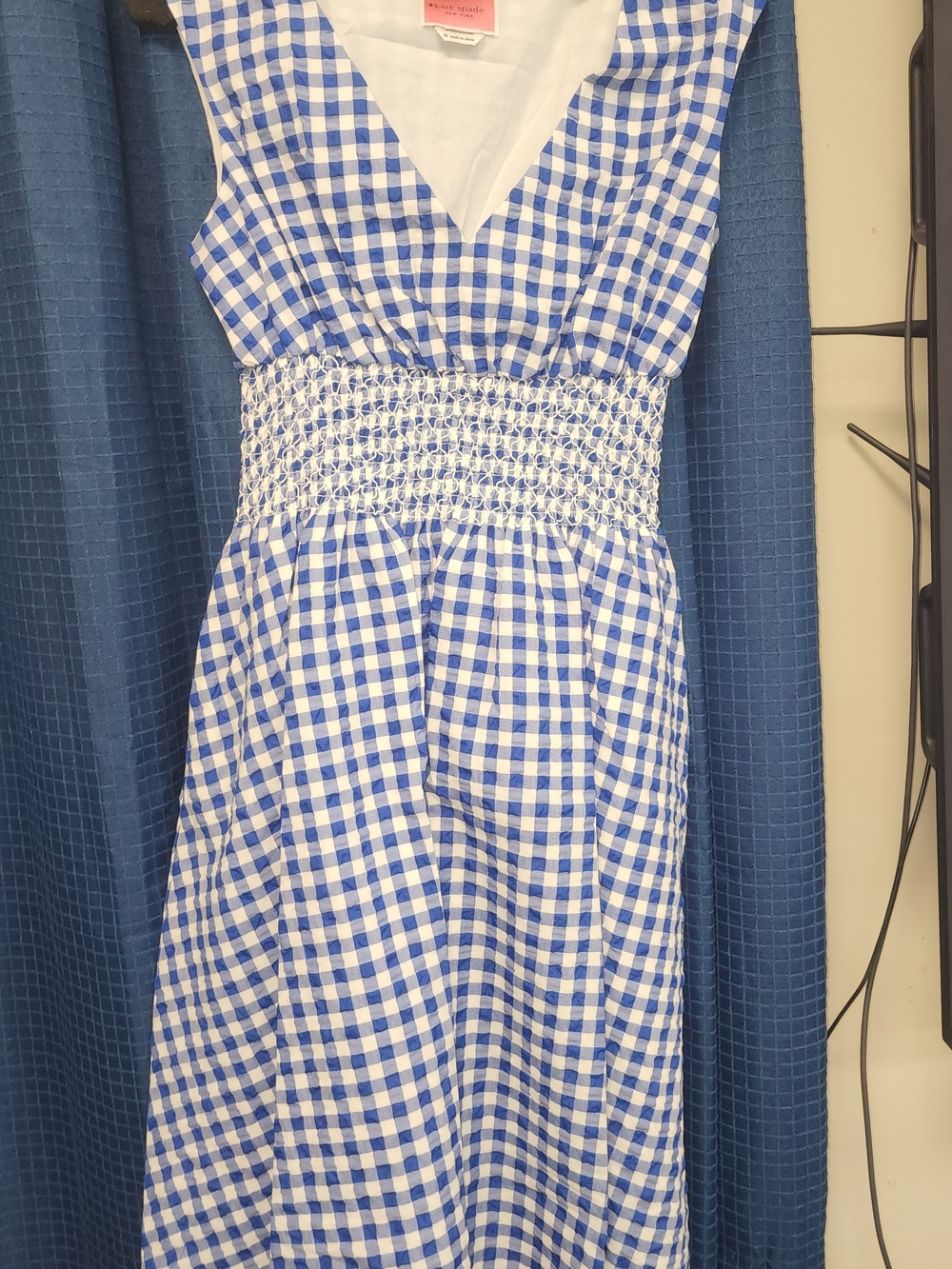 kate spade Blue and White Gingham V-Neck Smocked Midi Dress